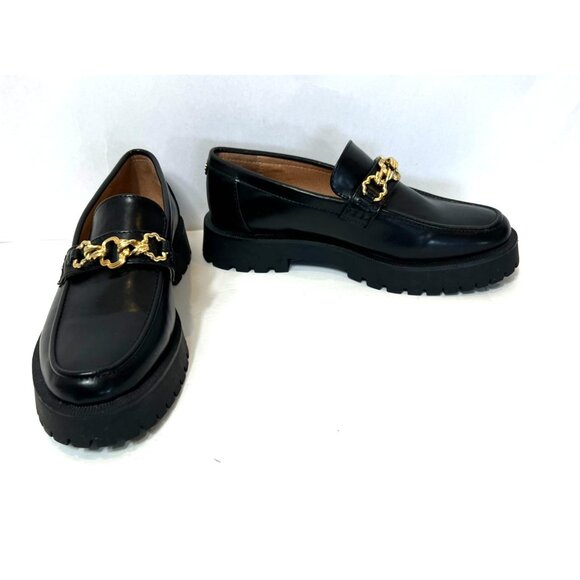 Sam & Libby Rylan Black Lug Sole Loafers Gold Buckle Detail Size 9 Womens Shoes - Picture 2 of 12